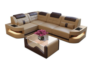 Designersofa Como L-Form – Leder und Luxus in Sandbeige und Dunkelbraun aus Kunstleder mit Ecke Links für Wohnzimmer