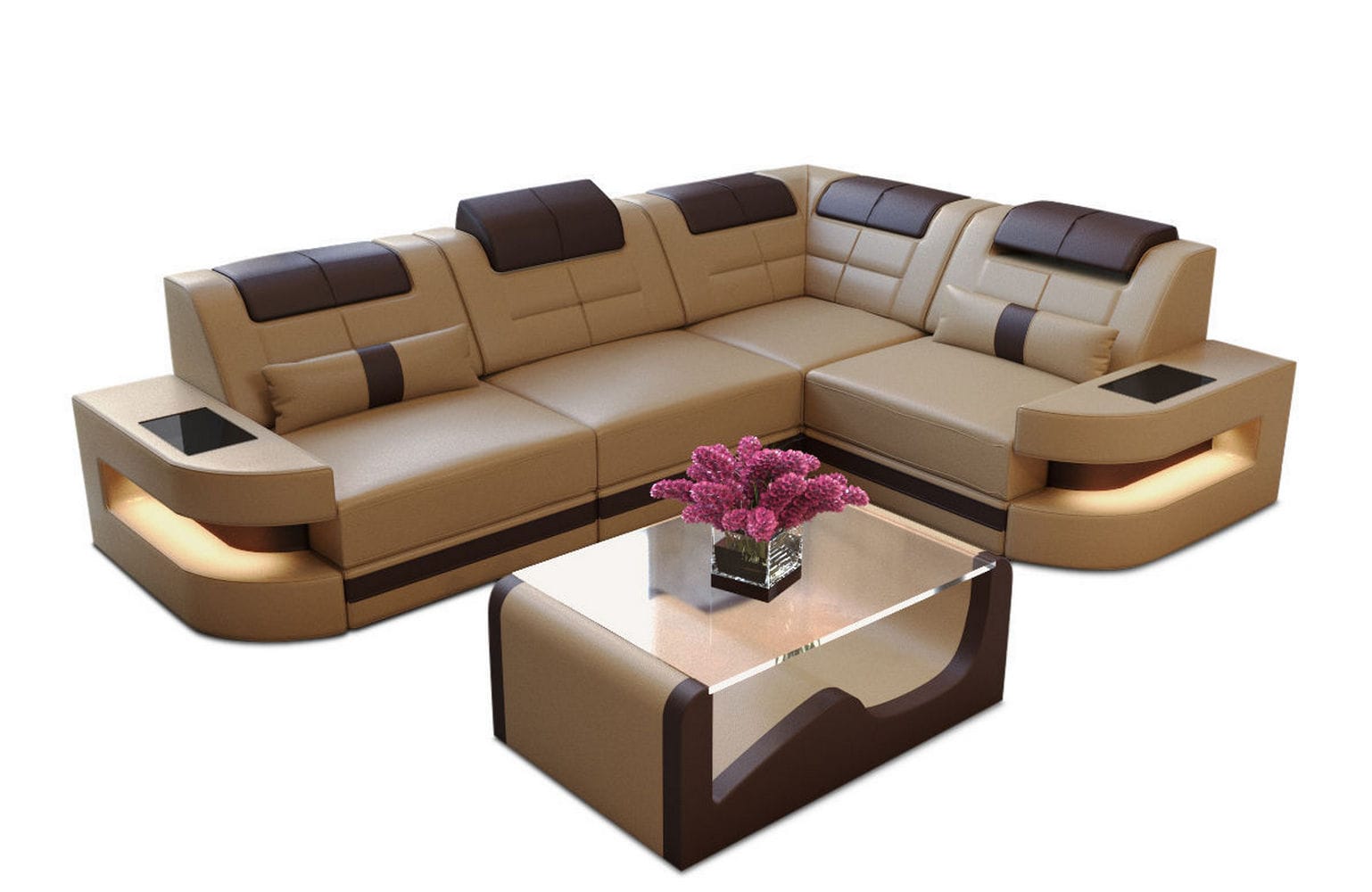 Designersofa Como L-Form – Leder & Luxus sandbeige-dunkelbraun