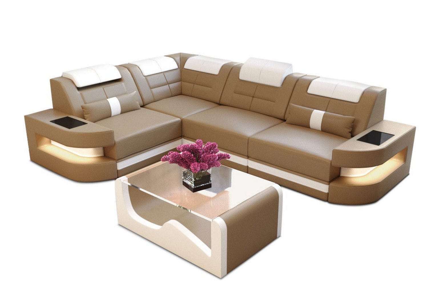 Designersofa Como L-Form – Leder & Luxus sandbeige-weiß