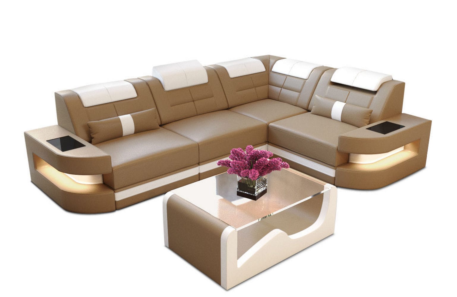 Designersofa Como L-Form – Leder & Luxus sandbeige-weiß