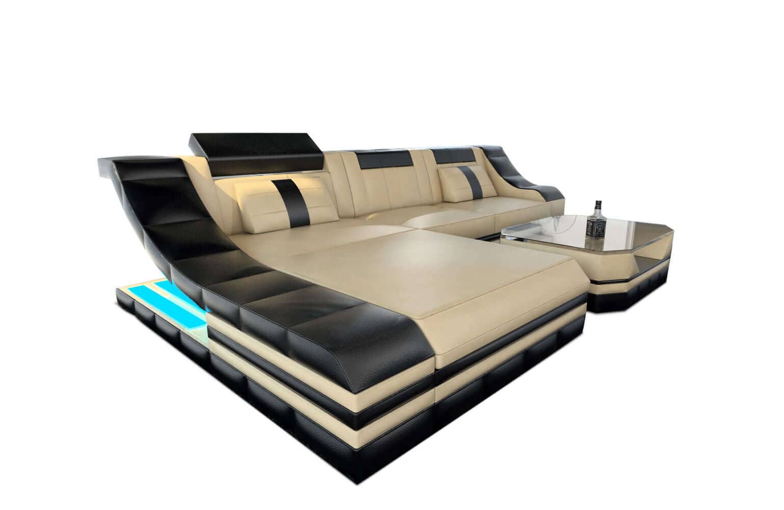 Mini Leder Ecksofa Turino L-Form Sandbeige-Schwarz