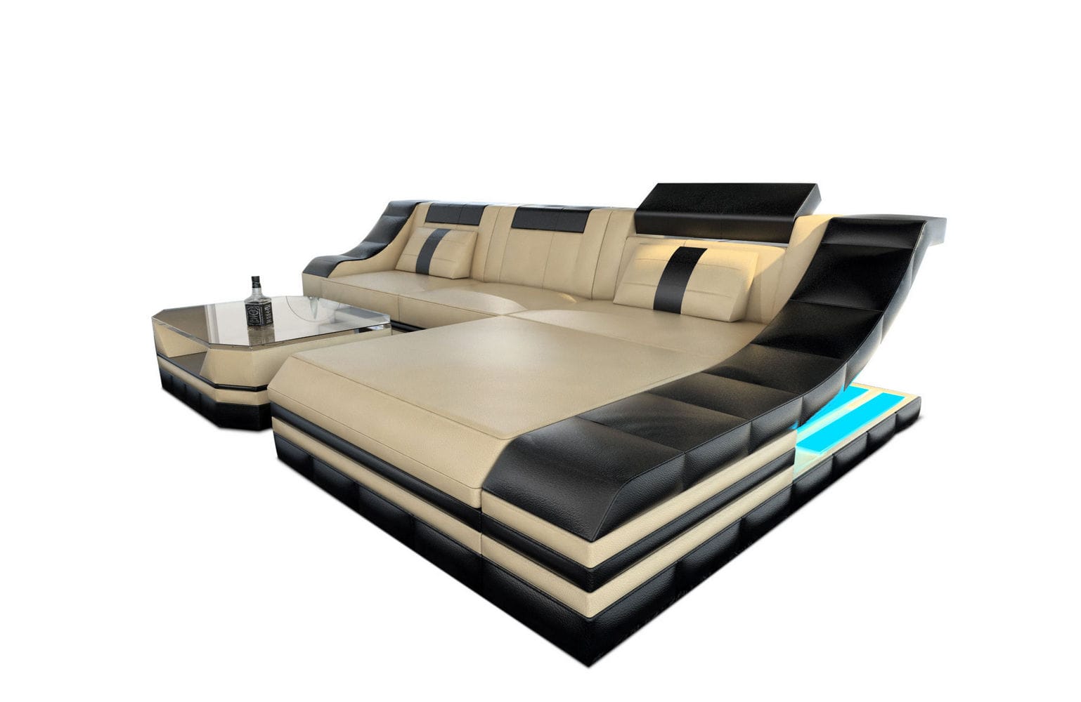 Ledersofa Turino L-Form mit LED sandbeige-schwarz
