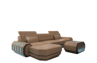 Mini Designersofa Roma L-Form mit LED-Beleuchtung in Sandbeige und Dunkelbraun aus Kunstleder mit Ottomane Links