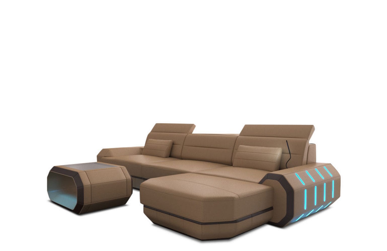 Designersofa Roma L-Form mit LED – Modern sandbeige-dunkelbraun