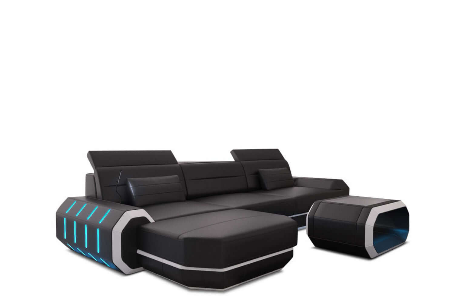 Mini Designersofa Roma L-Form mit LED-Beleuchtung Schwarz-Weiß