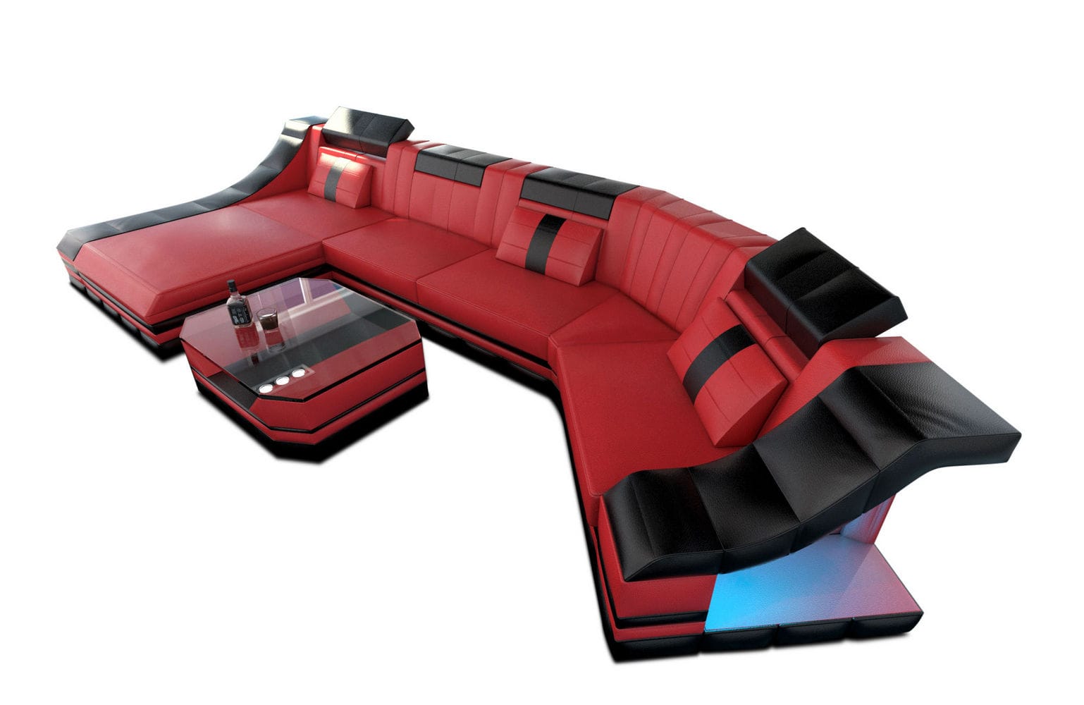 Luxus Wohnlandschaft Turino C-Form mit LED rot-schwarz