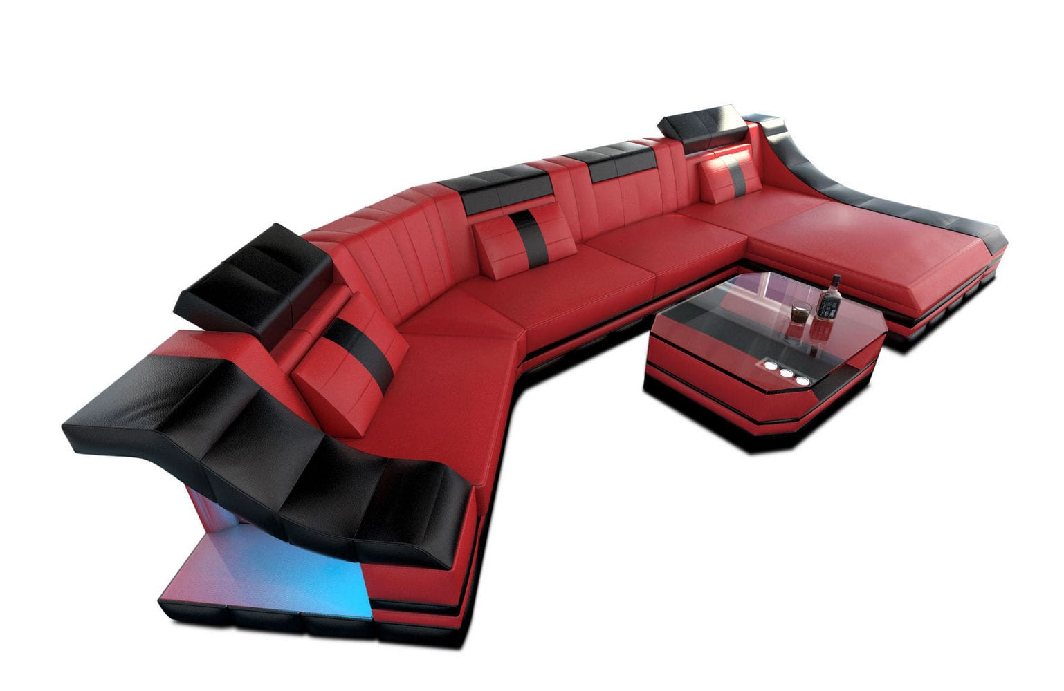 Luxus Wohnlandschaft Turino C-Form mit LED rot-schwarz