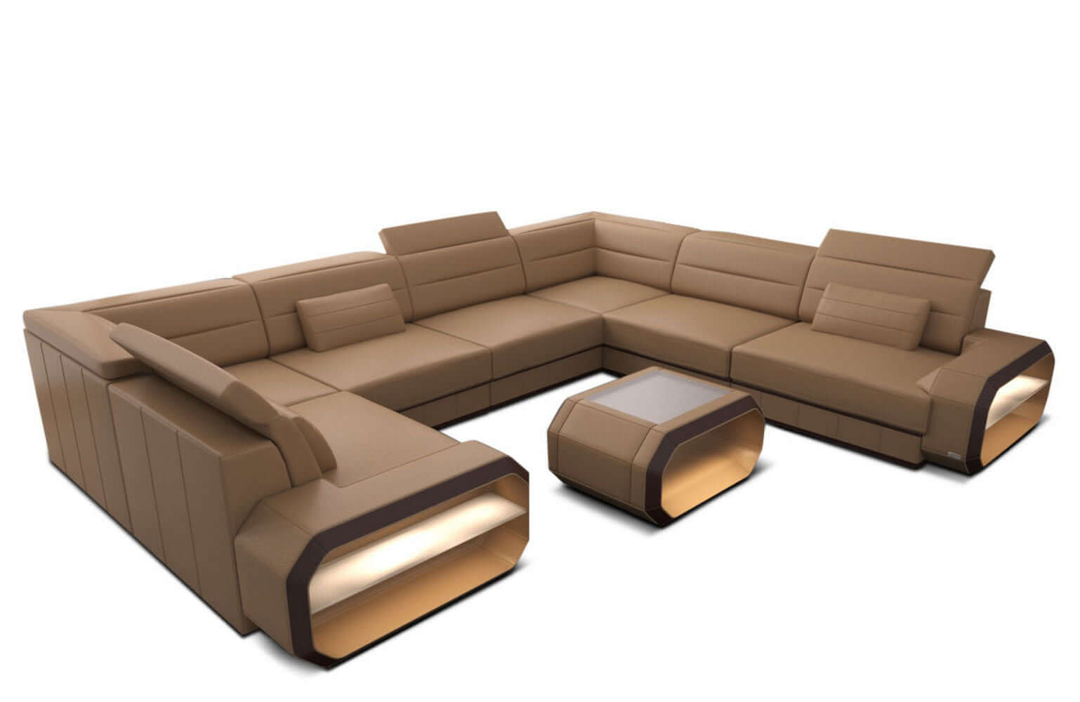 Leder Wohnlandschaft Verona U-Form Mini Sandbeige-Dunkelbraun