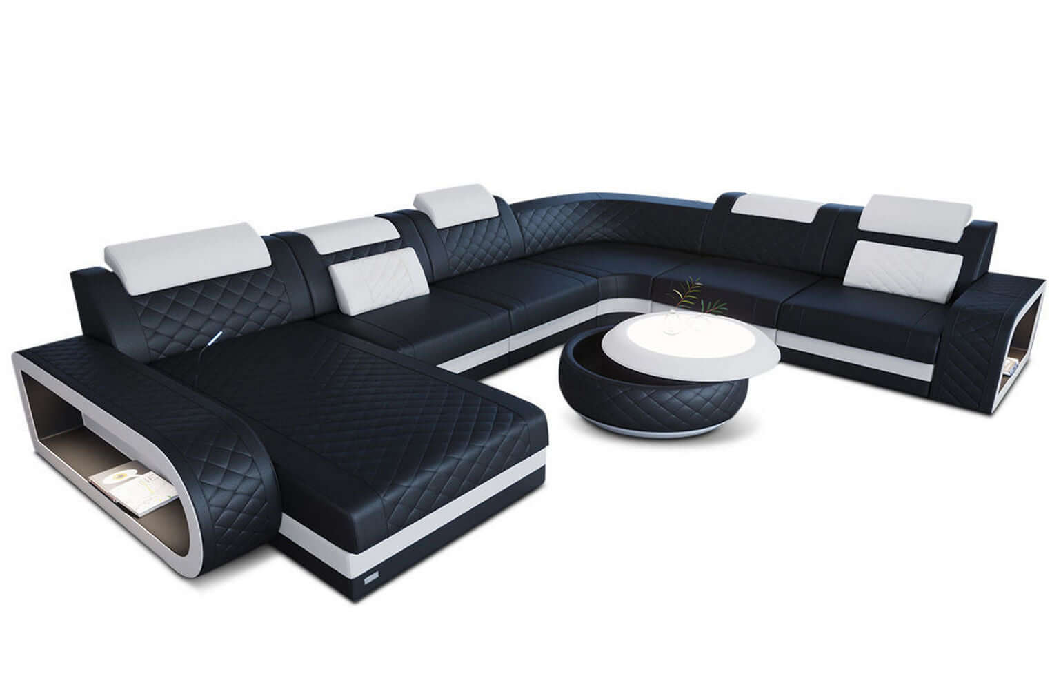 Mini XXL Wohnlandschaft Berlin U-Form aus Leder schwarz-weiß