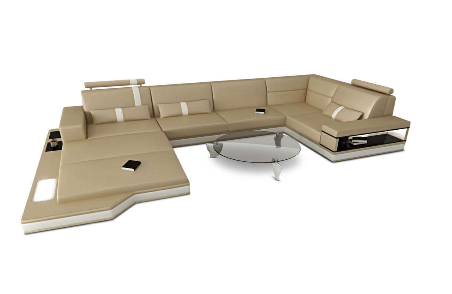 Mini Sofa Messana U-Form in Leder Sandbeige-Weiß