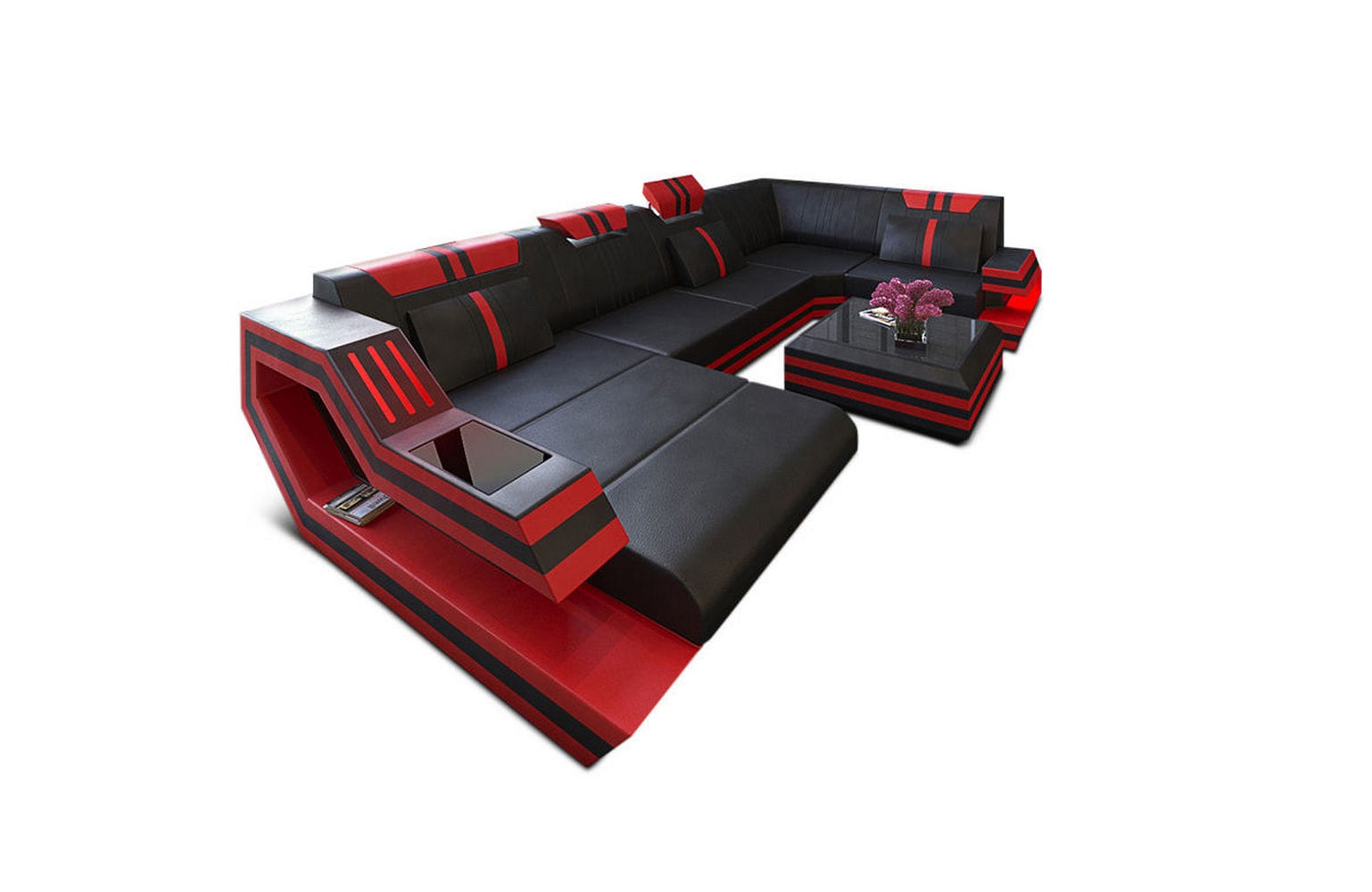 Ledersofa Wohnlandschaft Ravenna U-Form LED schwarz-rot