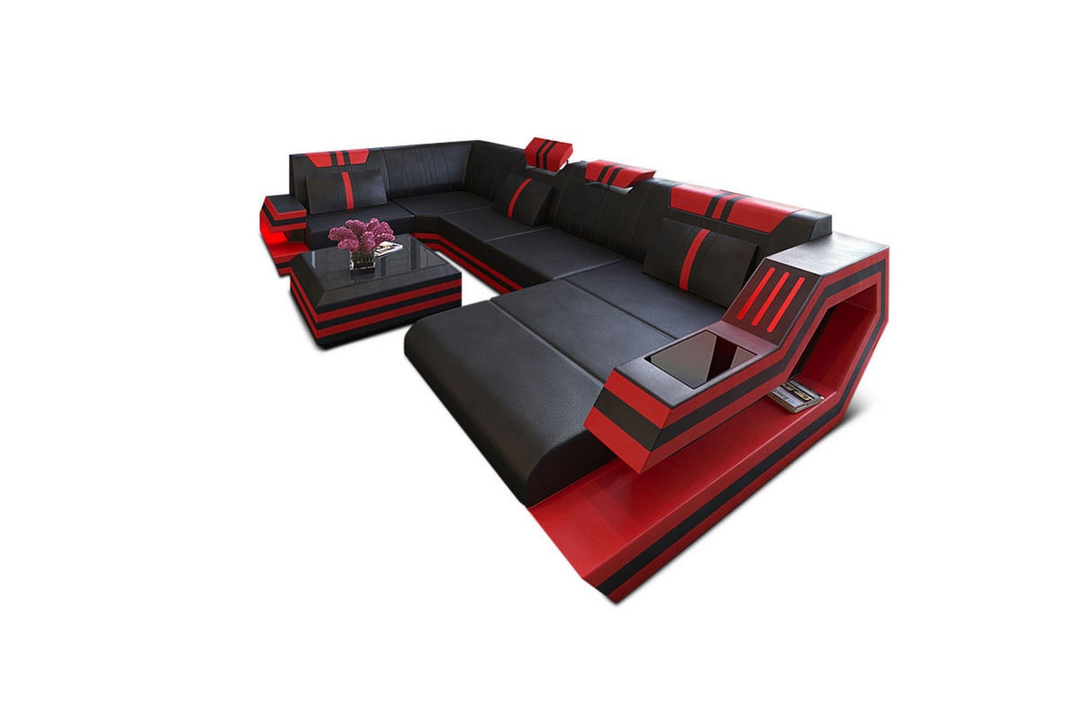 Ledersofa Wohnlandschaft Ravenna U-Form LED schwarz-rot