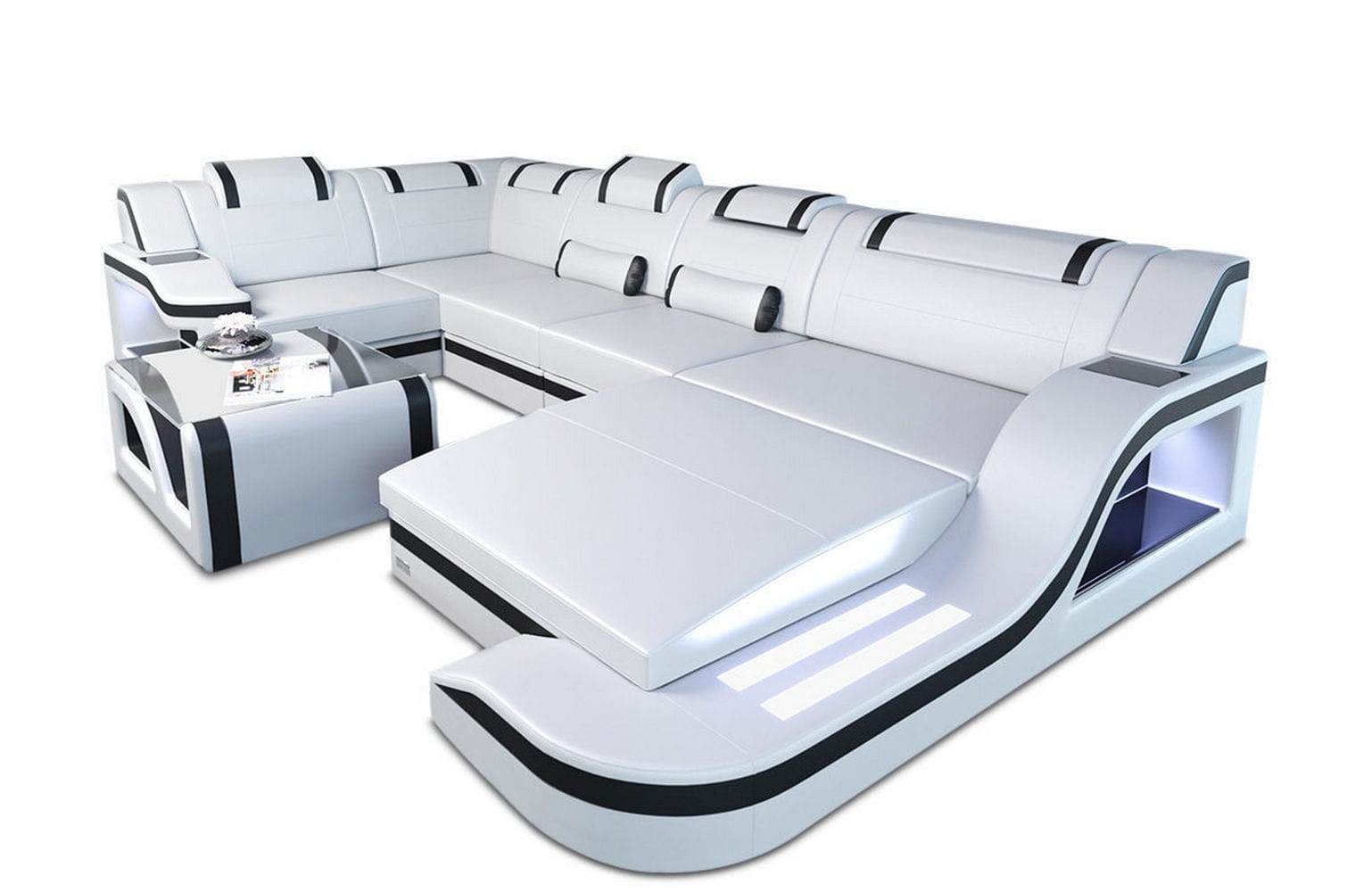 Design Wohnlandschaft Palermo U-Form mit LED weiß-schwarz