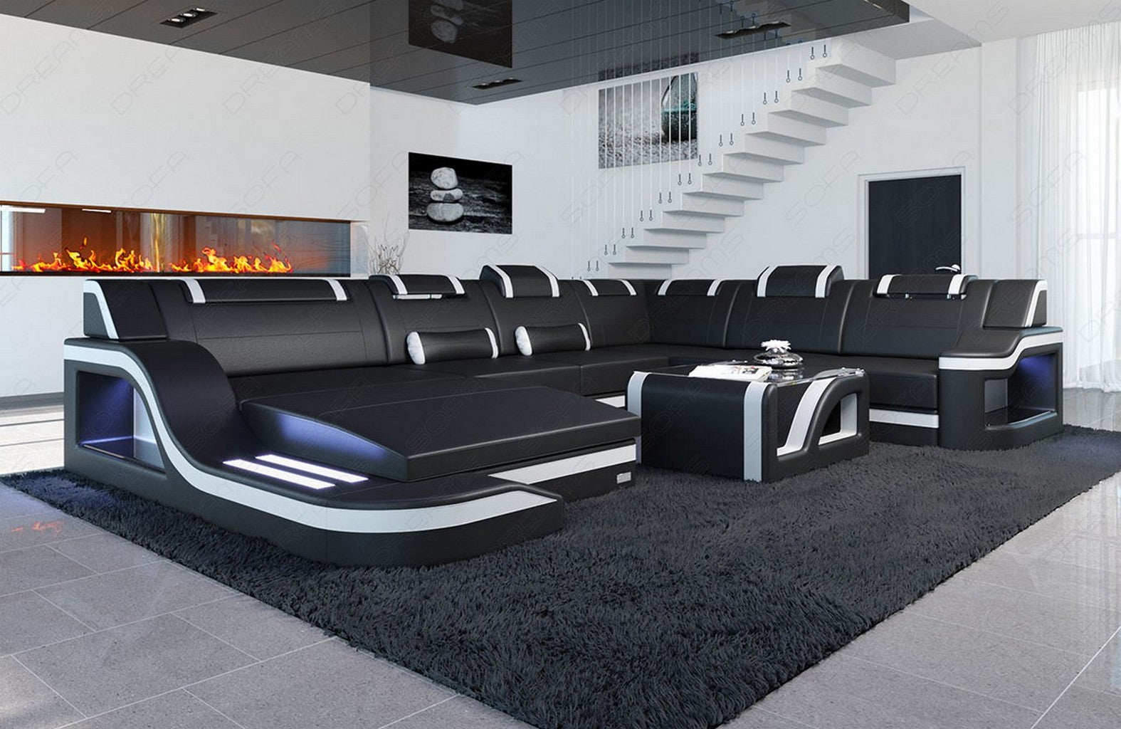 Leder Wohnlandschaft Palermo XXL Schwarz-Weiß