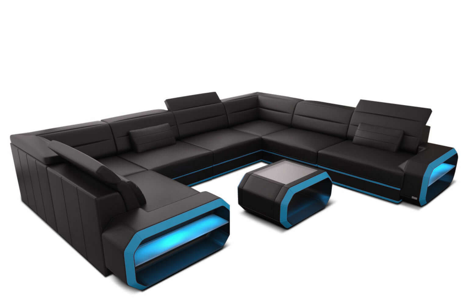 Leder Wohnlandschaft Verona U-Form Mini Schwarz-Blau