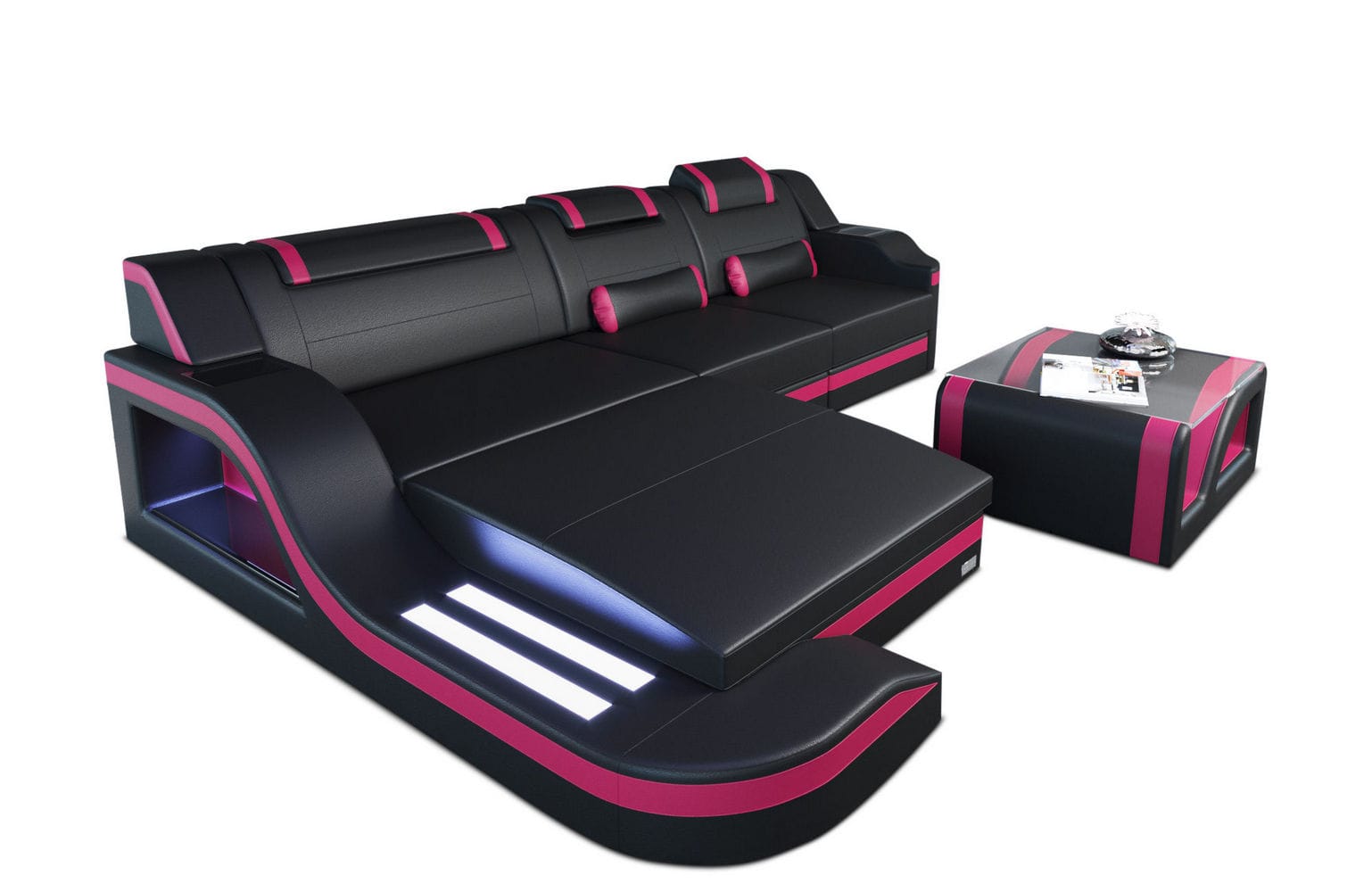 Design Ledersofa Palermo L-Form mit LED schwarz-pink