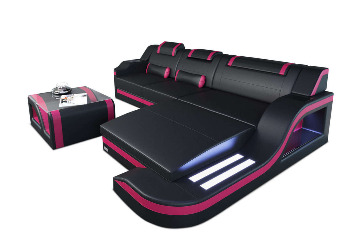 Mini Ecksofa Palermo L-Form aus Leder Schwarz-Pink