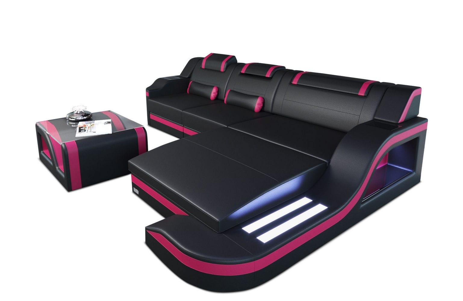 Design Ledersofa Palermo L-Form mit LED schwarz-pink