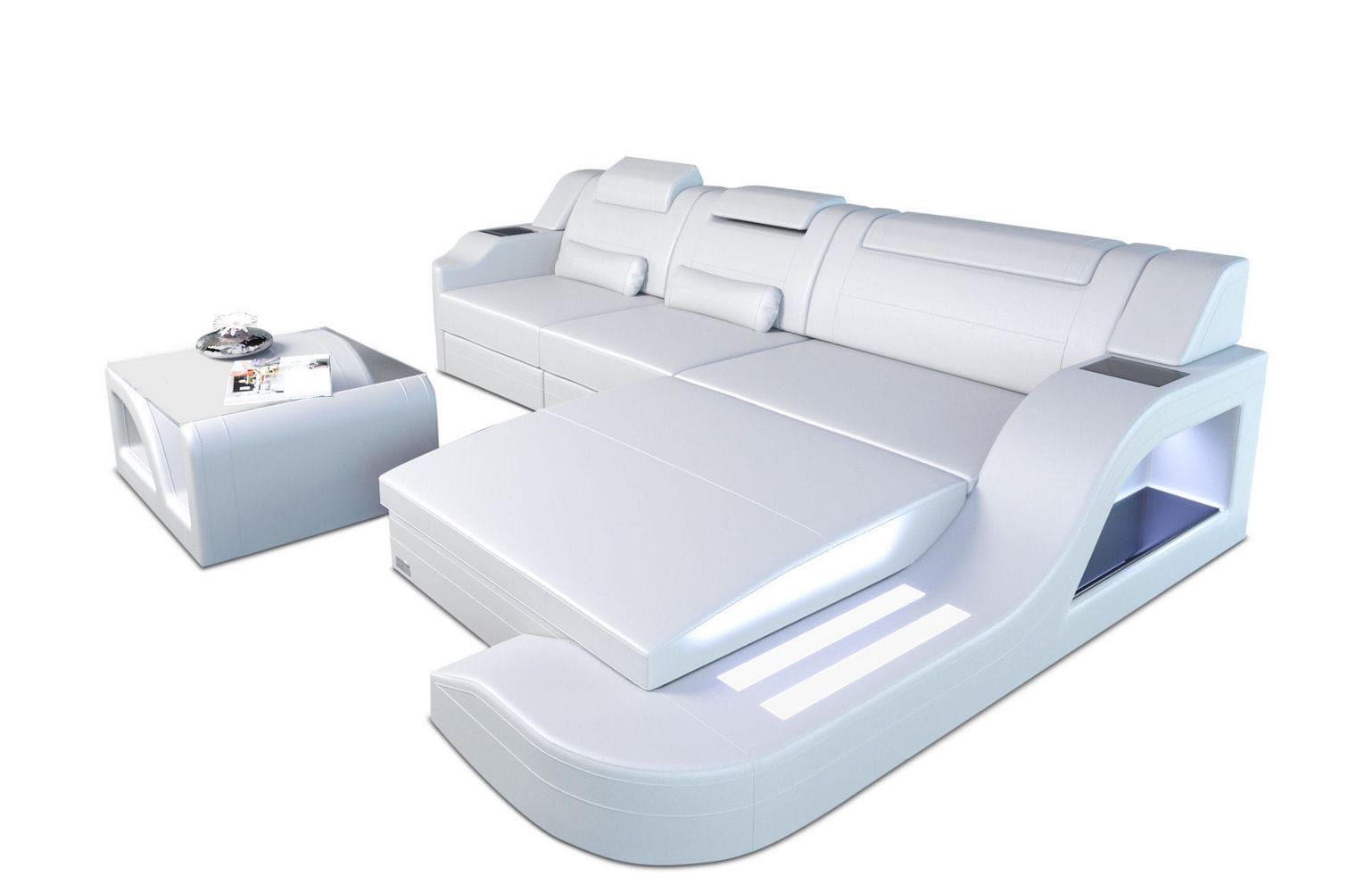 Design Ledersofa Palermo L-Form mit LED weiß