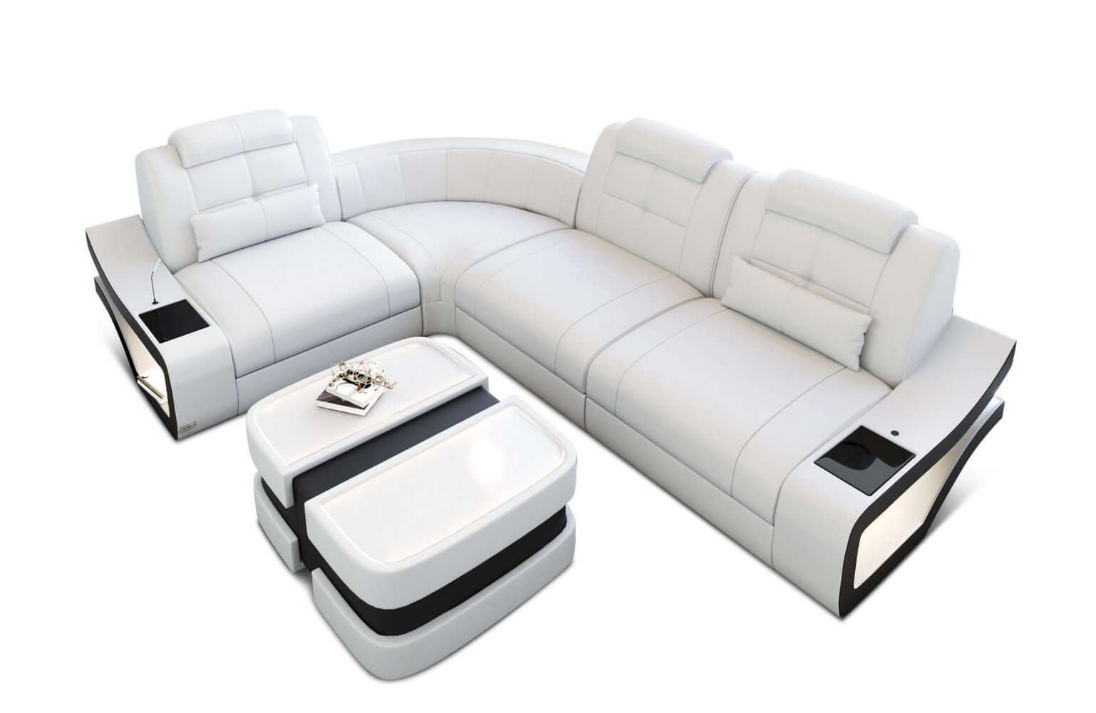 Mini Couch Elena L Form Leder weiß-schwarz