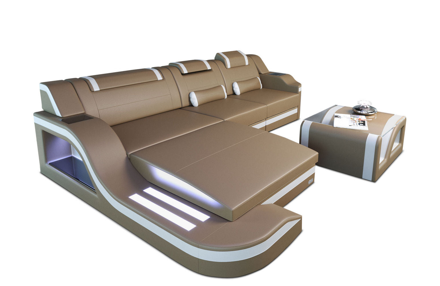 Design Ledersofa Palermo L-Form mit LED sandbeige-weiß