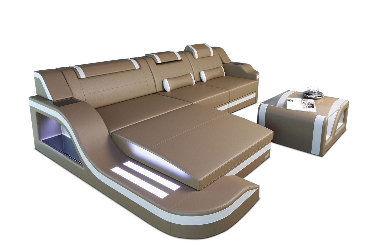 Design Ledersofa Palermo L-Form mit LED sandbeige-weiß