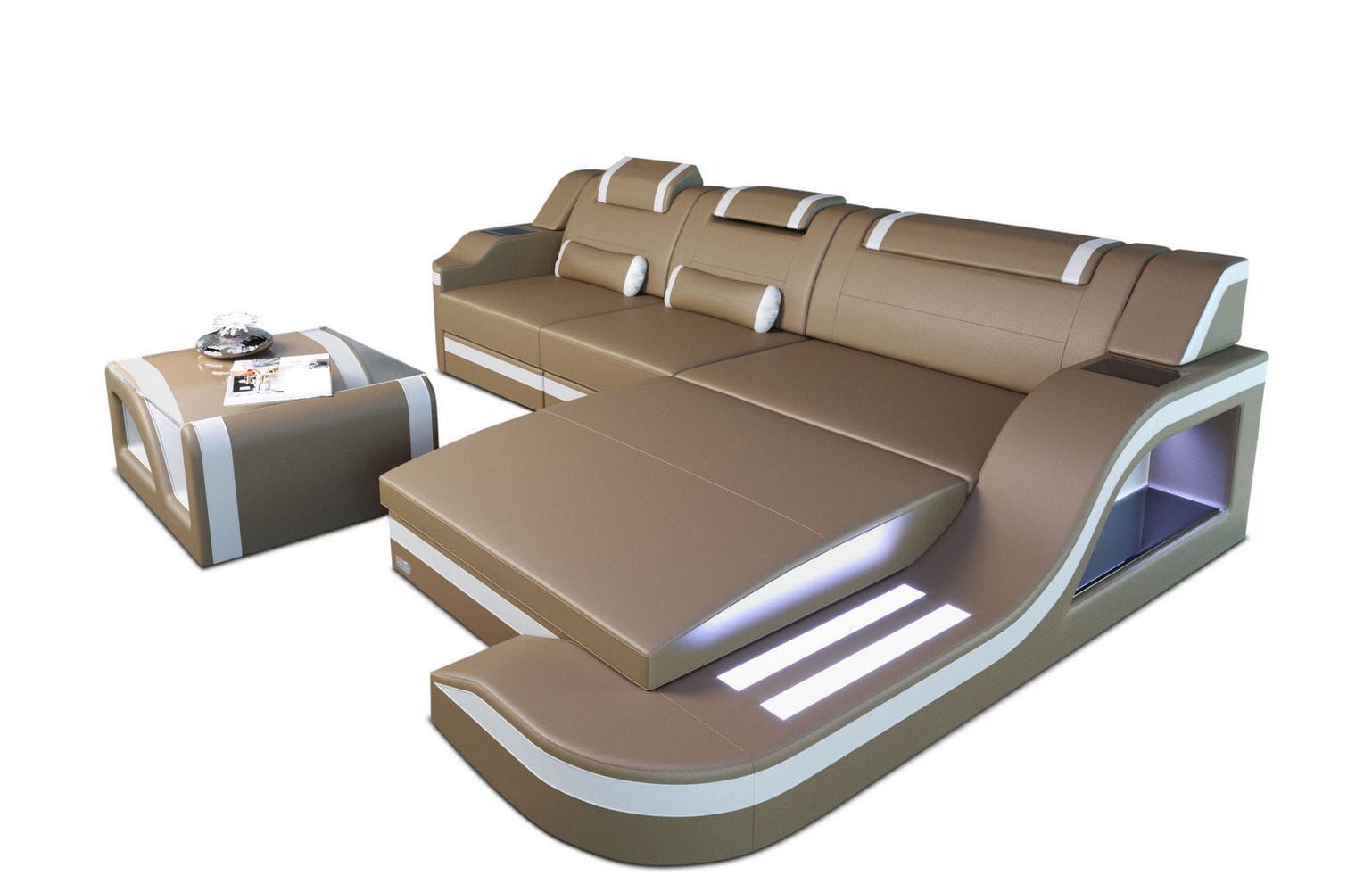 Design Ledersofa Palermo L-Form mit LED sandbeige-weiß