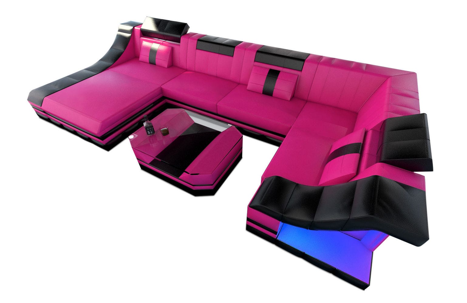 Moderne Wohnlandschaft Turino U-Form mit LED pink-schwarz