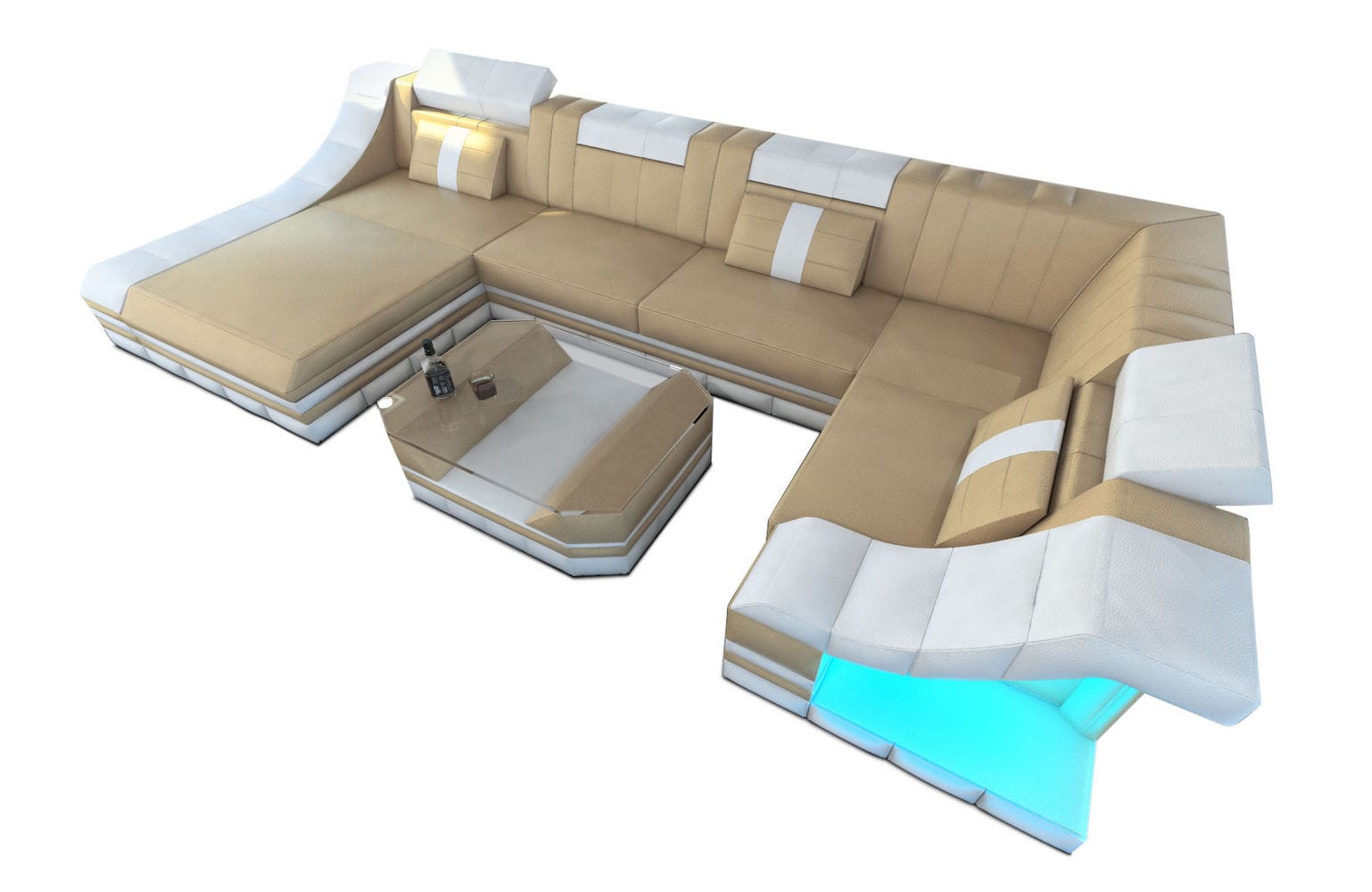 Moderne Wohnlandschaft Turino U-Form mit LED sandbeige-weiß