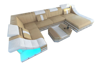 Mini Moderne Wohnlandschaft Turino U-Form mit LED in Kunstleder und der Farbe Sandbeige und Weiß - Ausrichtung rechts