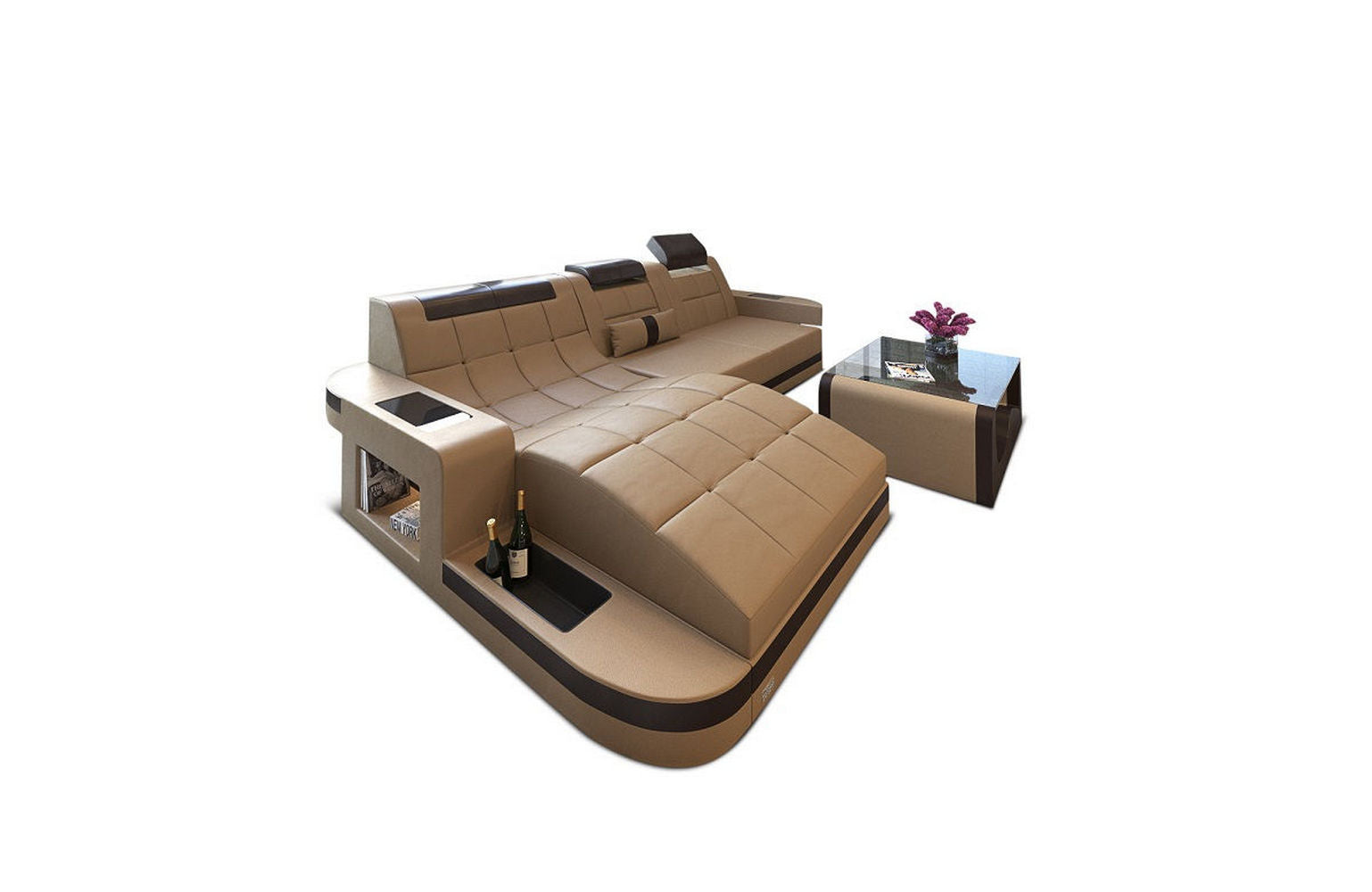 Mini Design Ledersofa Wave L-Form mit LED Sandbeige-Dunkelbraun