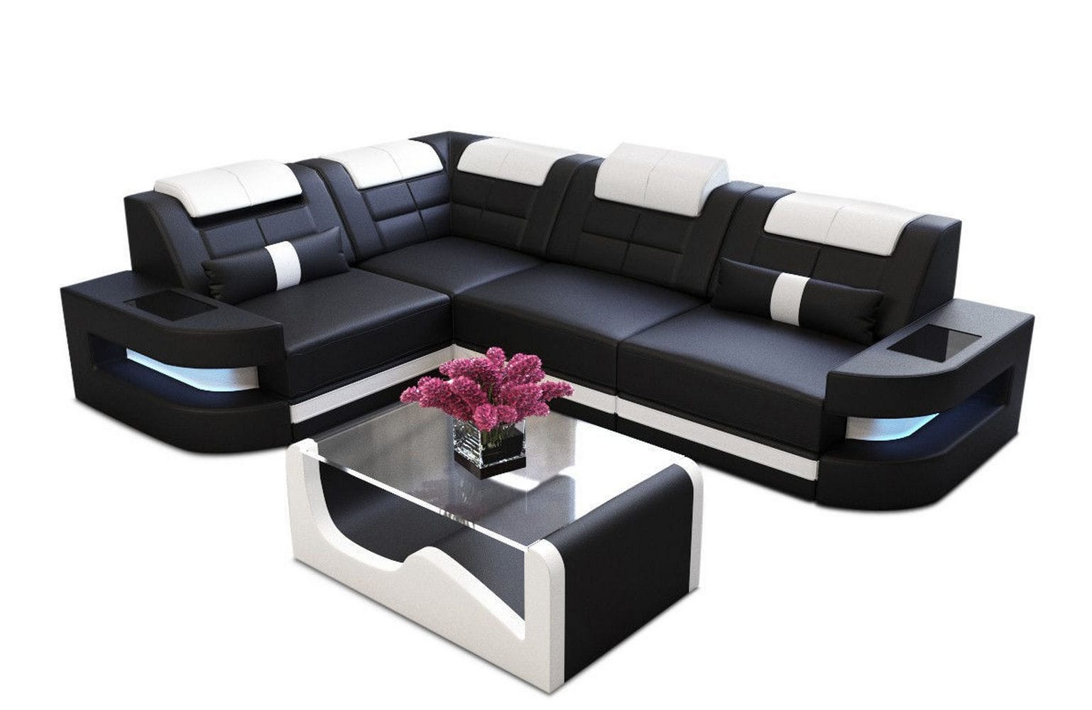 Designersofa Como L-Form – Leder & Luxus schwarz-weiß