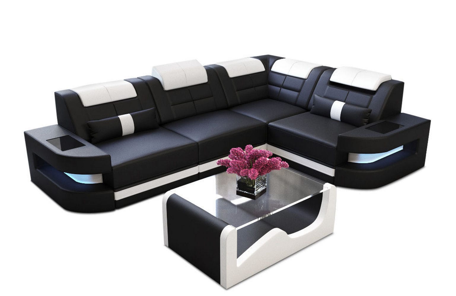 Designersofa Como L-Form – Leder & Luxus schwarz-weiß