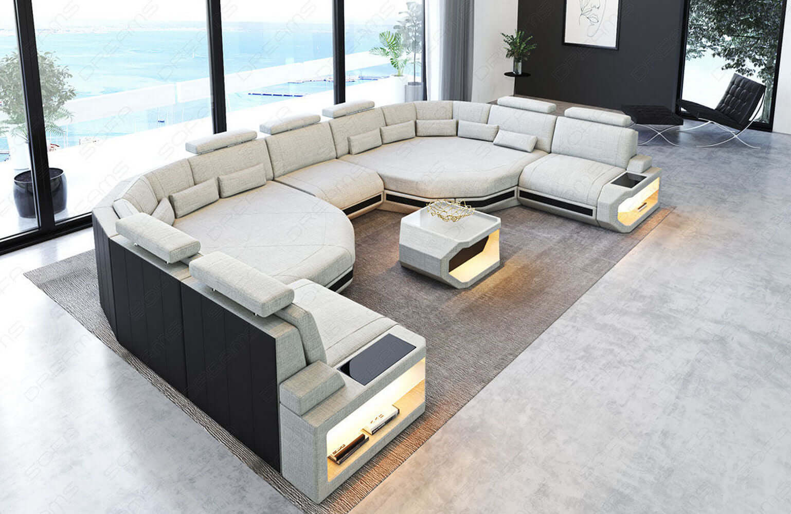 XXL Stoff Wohnlandschaft Asti apricot-schwarz