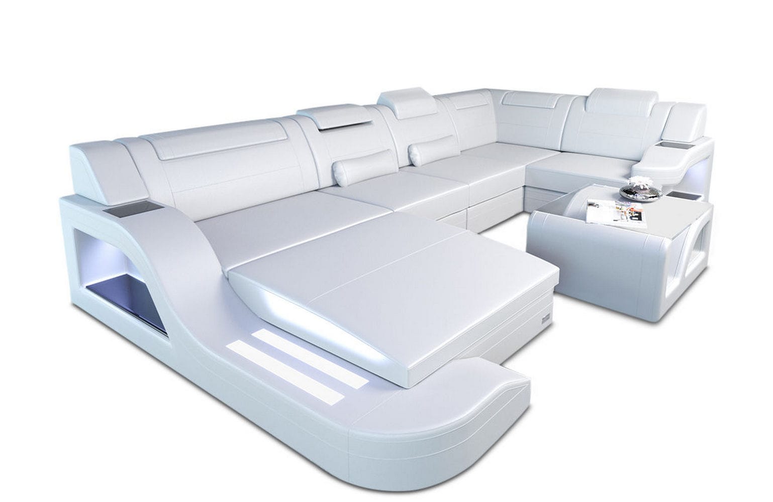 Design Wohnlandschaft Palermo U-Form mit LED weiß