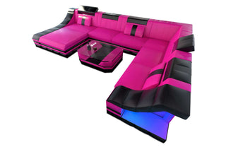 Mini Design Wohnlandschaft Turino XL mit LED in Kunstleder und der Farbe Pink und Schwarz - Ausrichtung links