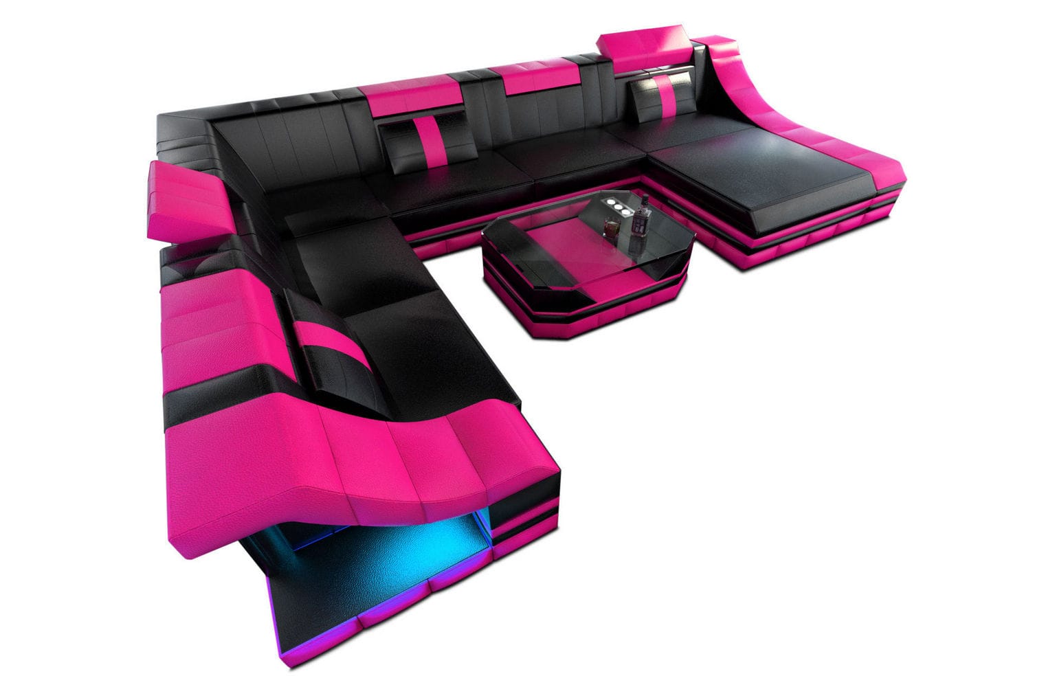 Design Wohnlandschaft Turino XL mit LED schwarz-pink