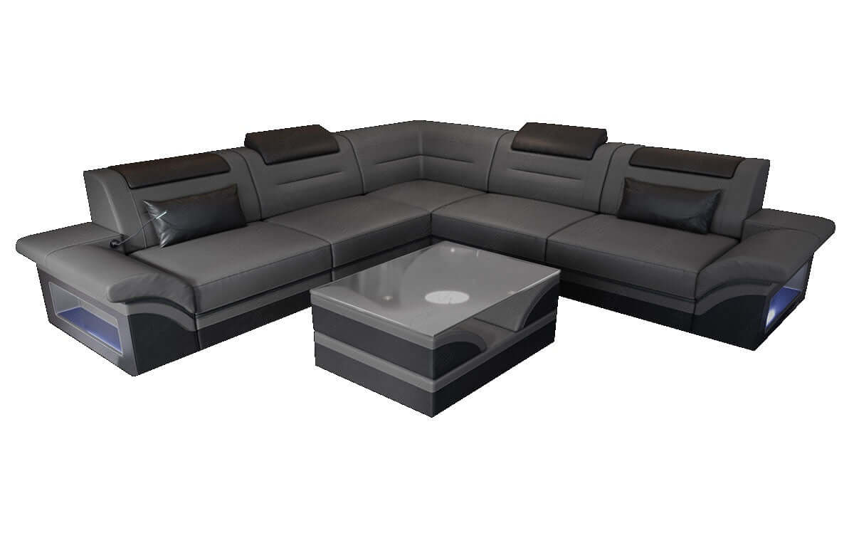 Mini Ecksofa Brianza L-Form aus Leder grau-schwarz