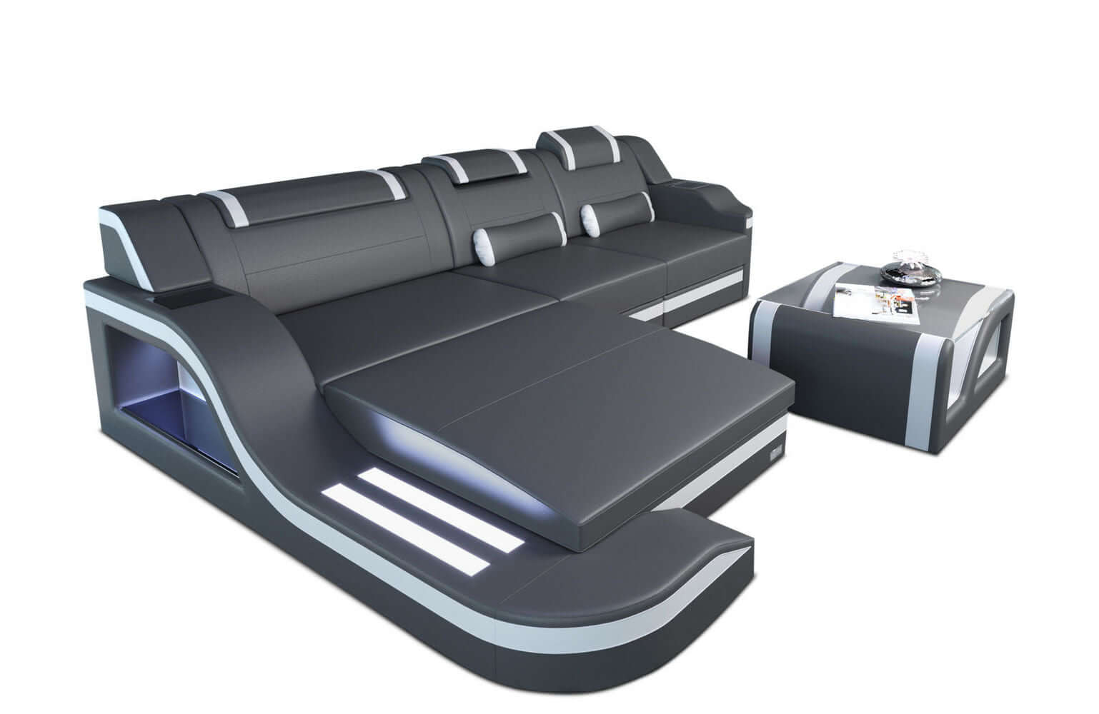 Mini Ecksofa Palermo L-Form aus Leder Grau-Weiß