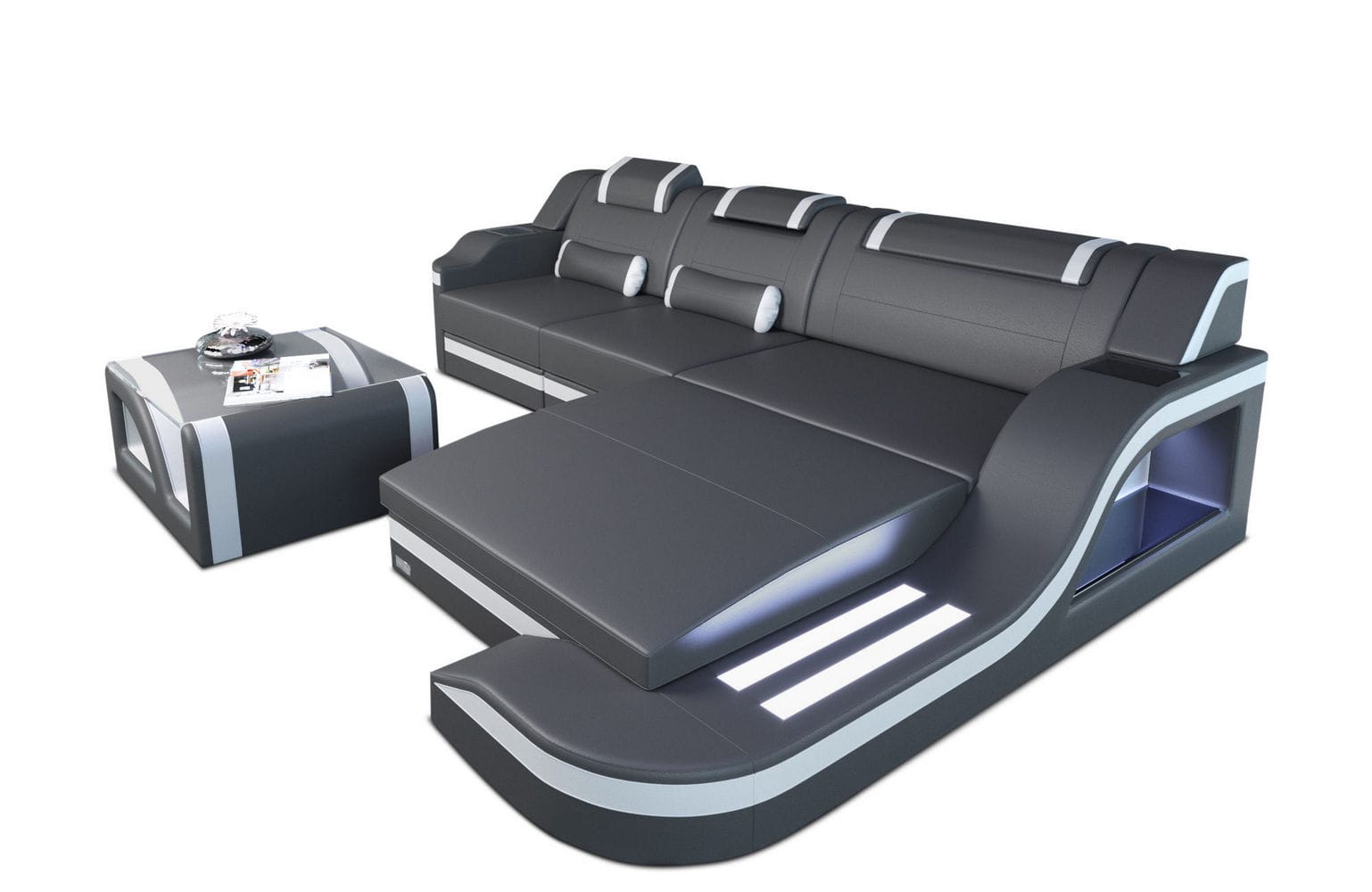 Design Ledersofa Palermo L-Form mit LED grau-weiß