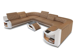Mini Leder Wohnlandschaft Genua – Komfort und Stil in Kunstleder und der Farbe Sandbeige und Weiß - Ausrichtung links