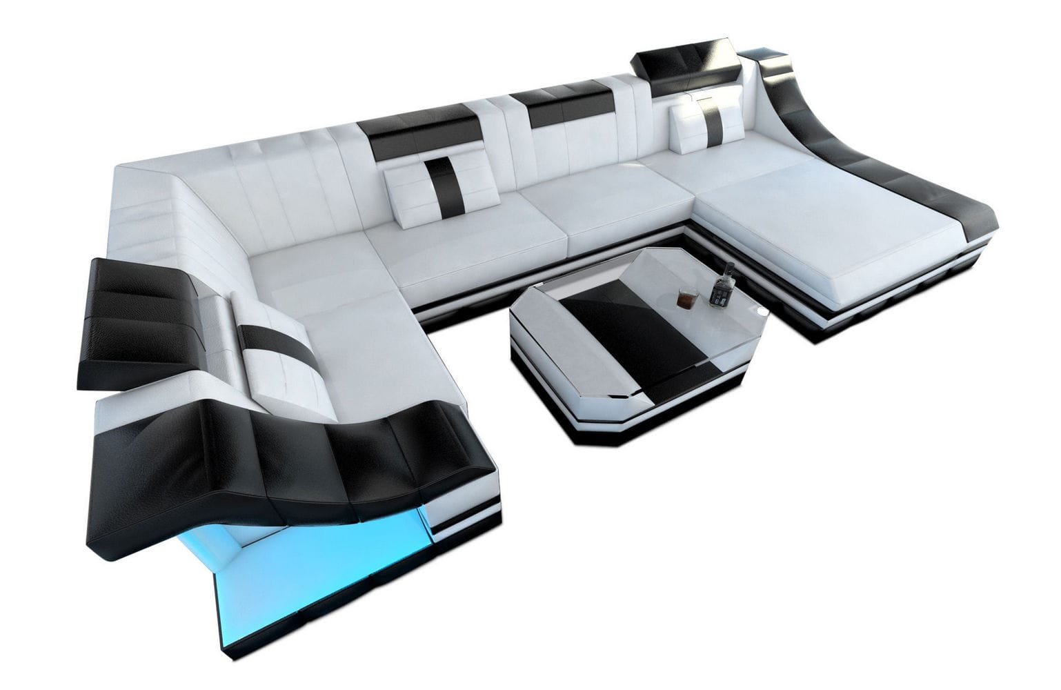 Moderne Wohnlandschaft Turino U-Form mit LED weiß-schwarz
