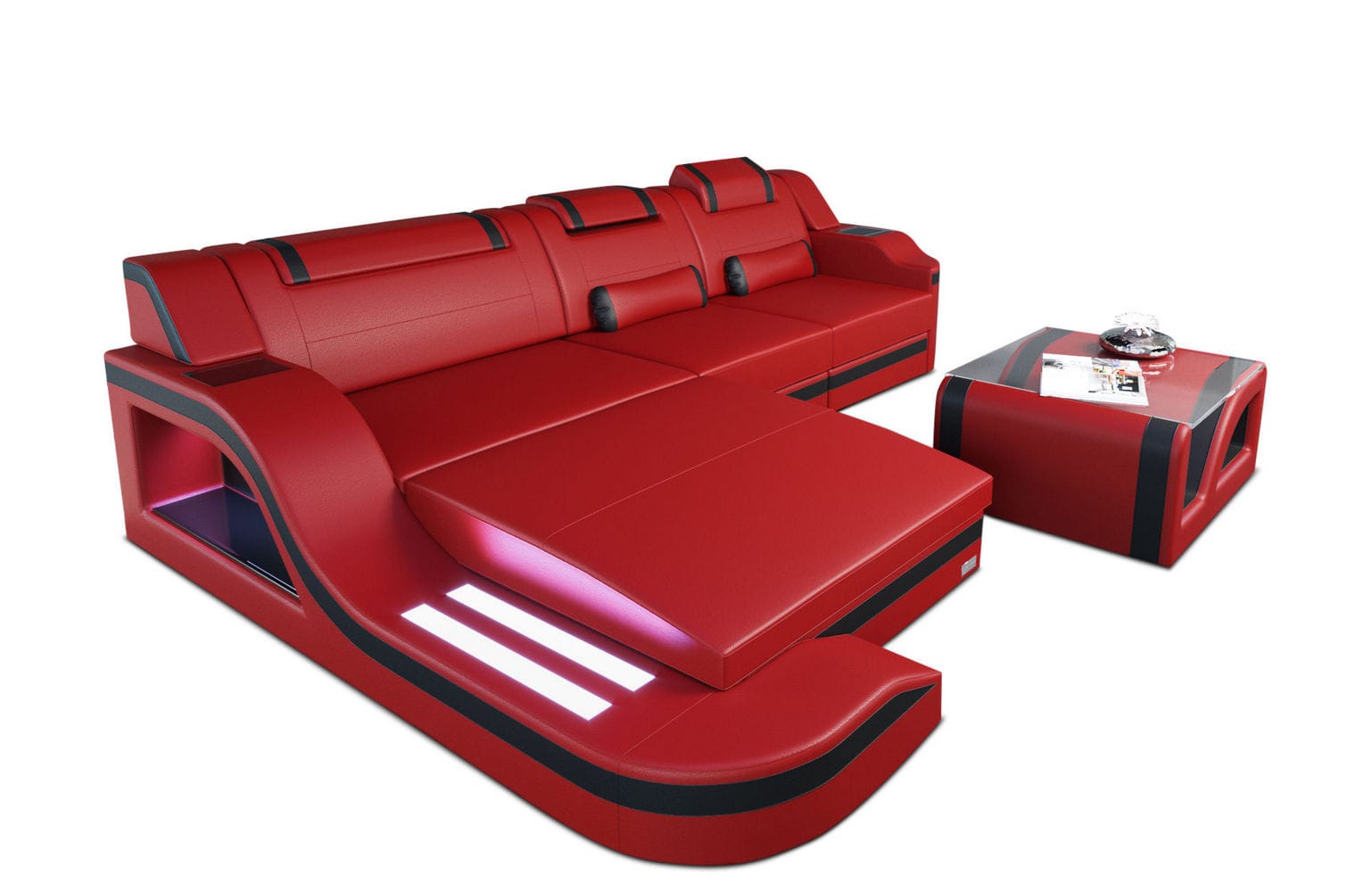 Design Ledersofa Palermo L-Form mit LED rot-schwarz