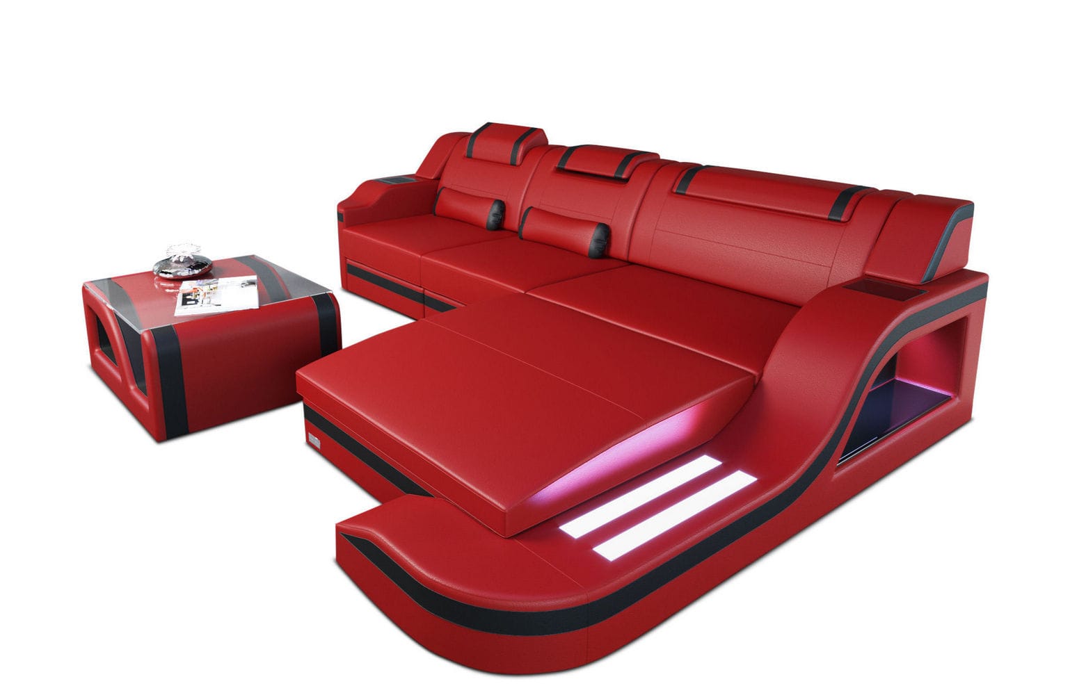 Design Ledersofa Palermo L-Form mit LED rot-schwarz