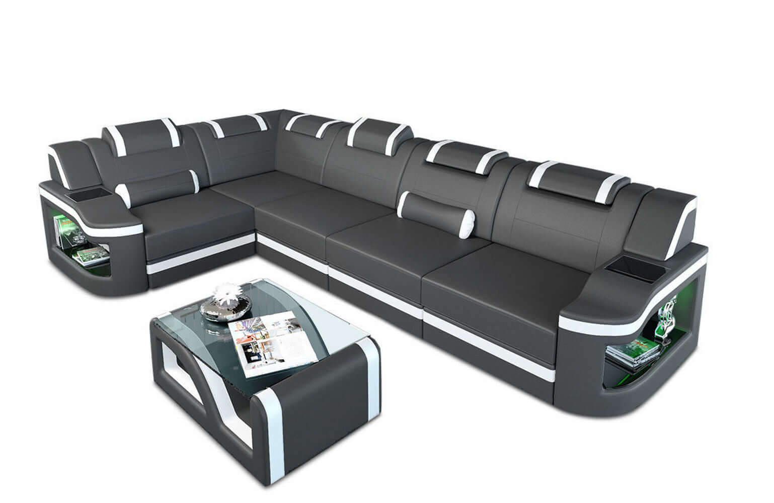 Mini Ecksofa Padua L-Form aus Leder grau-weiß
