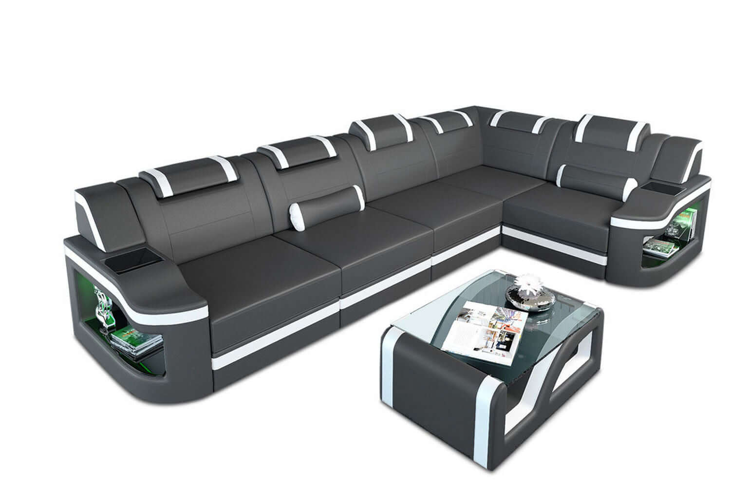 Mini Ecksofa Padua L-Form aus Leder grau-weiß