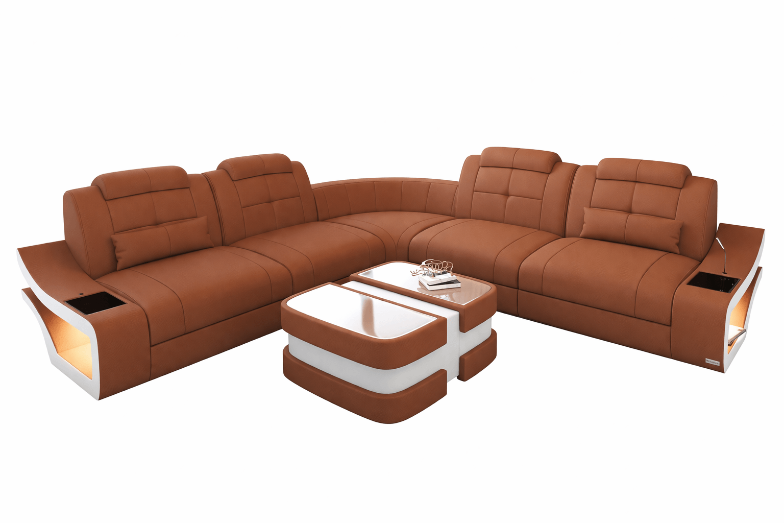 Couch Elena Lang L-Form in Stoff Haselnuß-Weiß