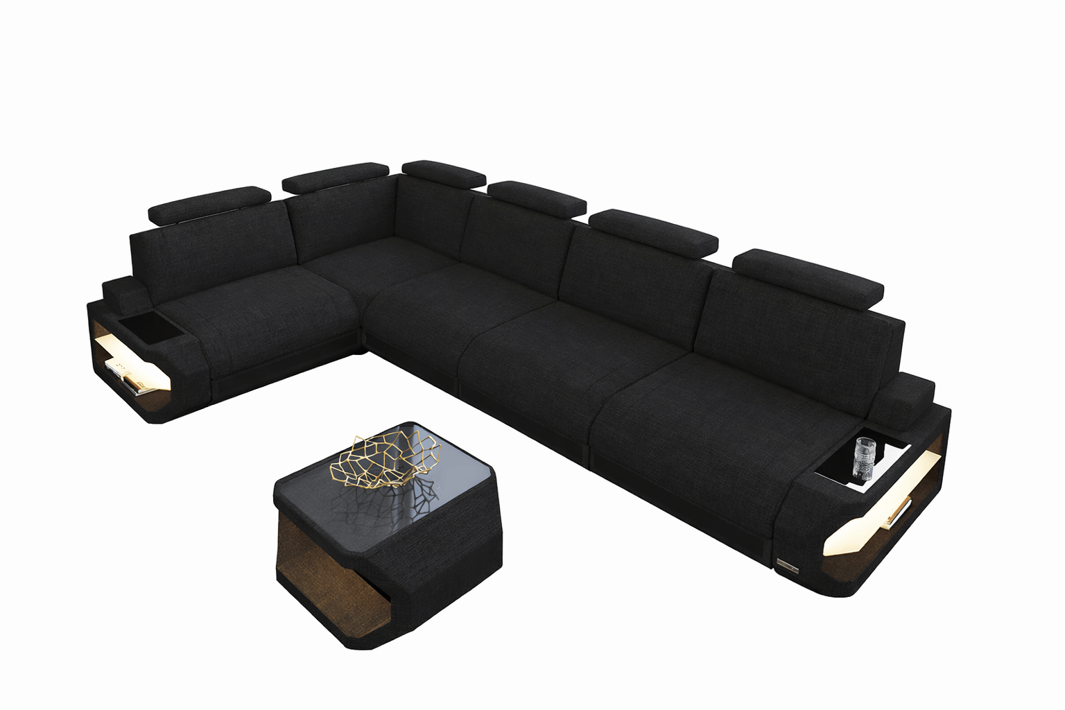 Ecksofa Siena Lang L-Form aus Stoff Schwarz-Schwarz