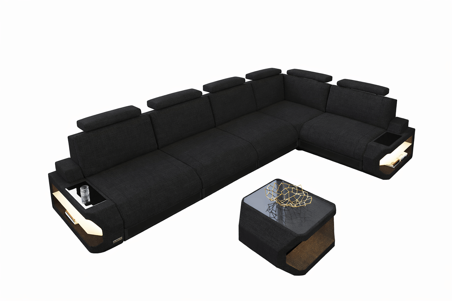 Ecksofa Siena Lang L-Form aus Stoff Schwarz-Schwarz