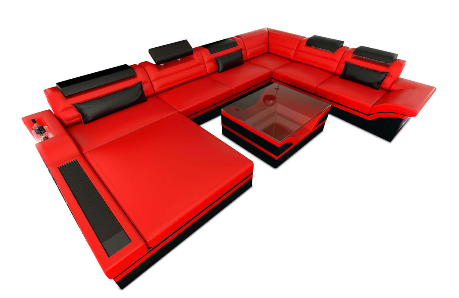 Mini XXL Wohnlandschaft Mezzo U-Form aus Leder Rot-Schwarz